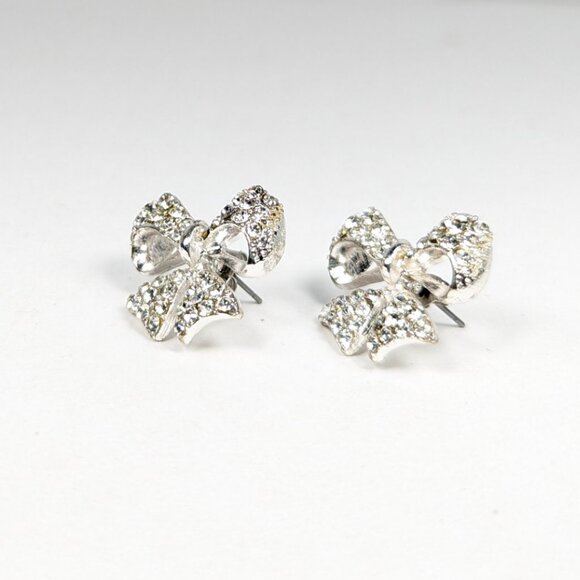 Rhinestone Silver Bow Stud Post Fun Fashion Earrings - Picture 4 of 11